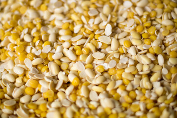 Dried Boiled Chickpeas and Soy Bean background prepared to make Tempe or Tempeh, top view.