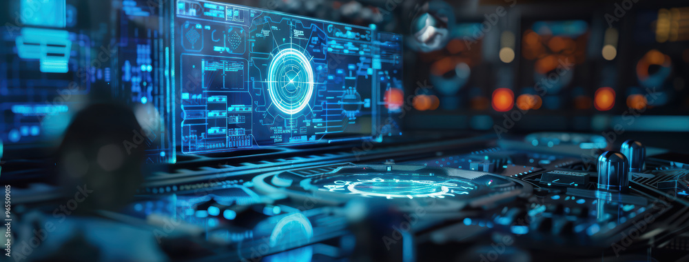 Poster futuristic digital interface with glowing elements, showcasing advanced technology and innovative da