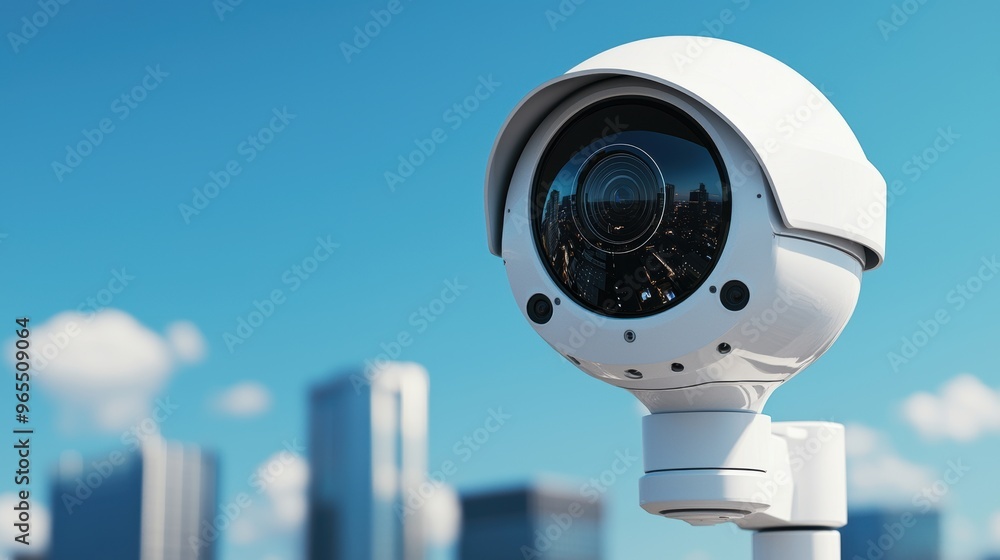 Poster futuristic smart city surveillance system with automated monitoring in , selective focus on foregrou