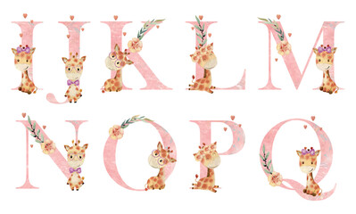 Vector watercolor letters with giraffes for invitation card, nursery poster and other.