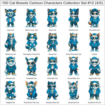 Cat Breeds Cartoon Characters Collection Set of 100 Cat Faces Isolated Part 4