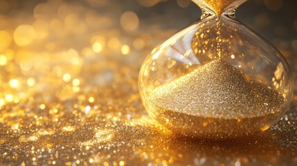 An elegant hourglass filled with shimmering gold sand, symbolizing the passage of time amidst a sparkling backdrop.