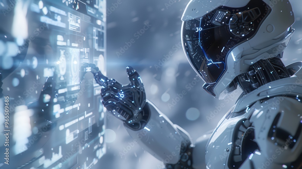 Poster futuristic robot interacting with a digital interface, showcasing advanced technology and innovation