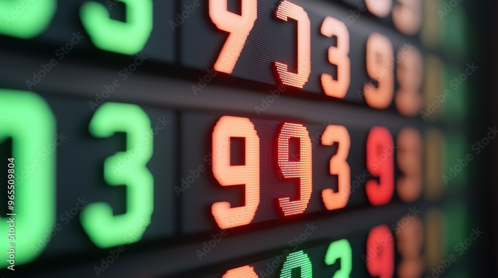 Poster glowing currency exchange board with digital numbers in and copy space, selective focus on foregroun