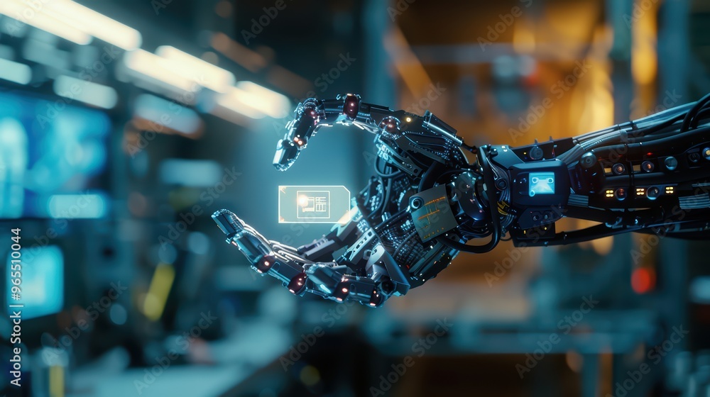 Poster futuristic robotic hand interacts with holographic technology in a modern workspace, showcasing adva