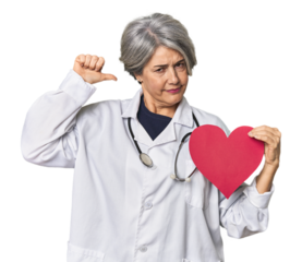 Caucasian mid-age doctor with heart symbol feels proud and self confident, example to follow.