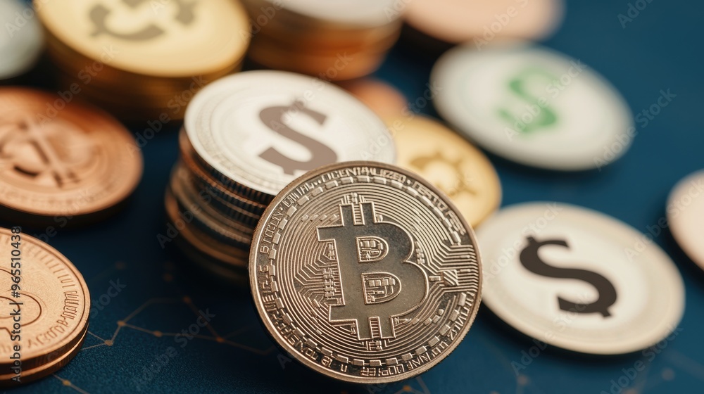 Poster global currency symbol network in digital finance concept with copy space, selective focus