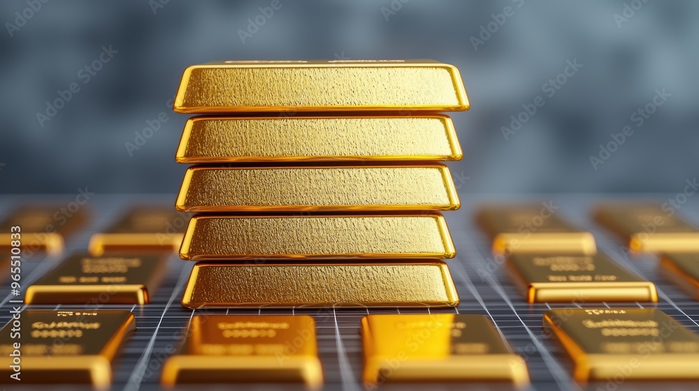 Poster wealth management concept with stacked gold bars in digital grid - selective focus on foreground - w