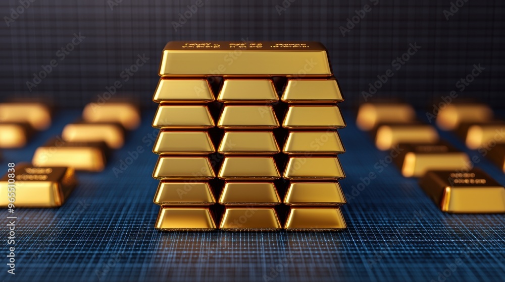 Poster digital grid of stacked gold bars for wealth management with copy space, selective focus in