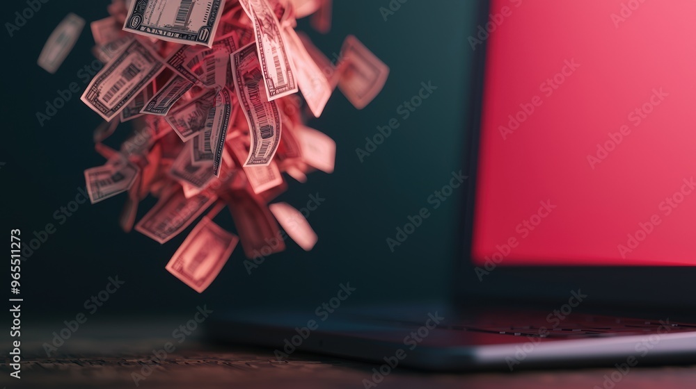 Poster digital currency explosion - of currency symbols bursting from computer screen with copy space, sele