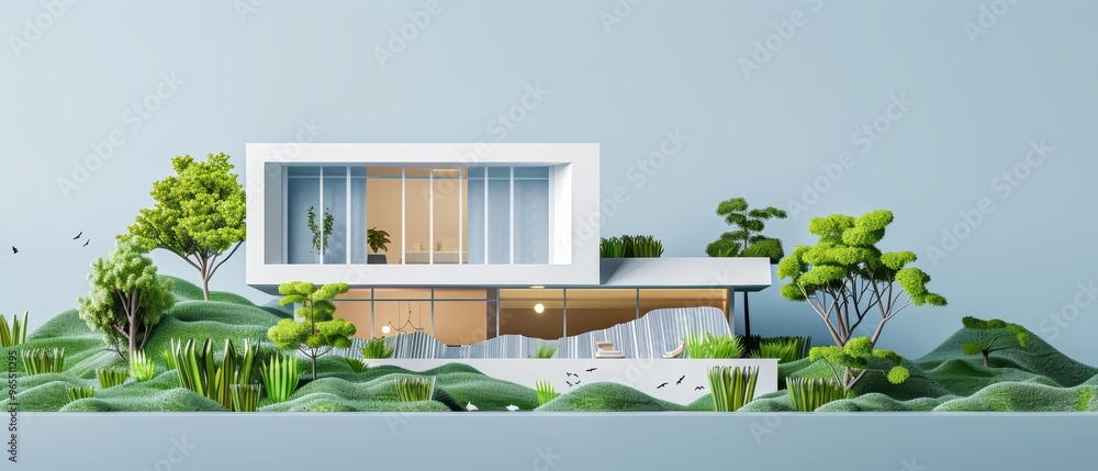 Poster modern house design surrounded by greenery, showcasing minimalist architecture and harmonious integr