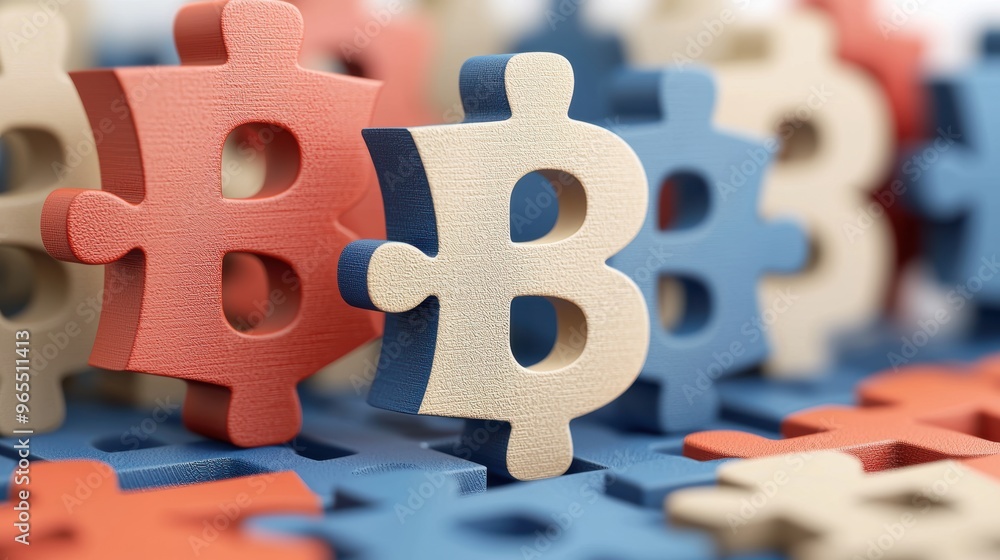 Poster connecting financial puzzle pieces: currency symbols with copy space and selective focus
