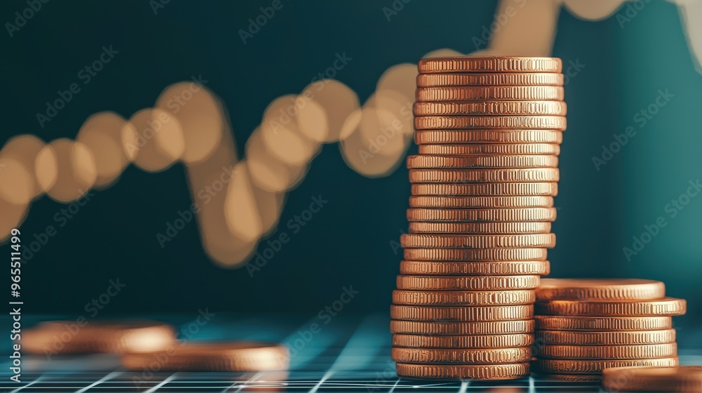 Poster financial planning concept with coins stack on digital grid - with copy space and selective focus in