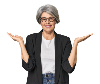 Caucasian mid-age female in business suit makes scale with arms, feels happy and confident.