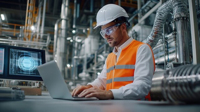 Professional Engineering workers in modern factories use laptop controlling programs for automatic machinery at industrial plants with a steam engine room. large machines working fully automatically.