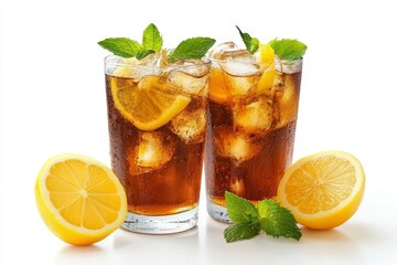 Two Refreshing Glasses of Iced Tea with Slices of Lemon, Ice Cubes, and Fresh Mint on White.