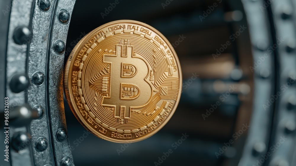 Poster secure bank vault with floating digital coins - with copy space for text in quality