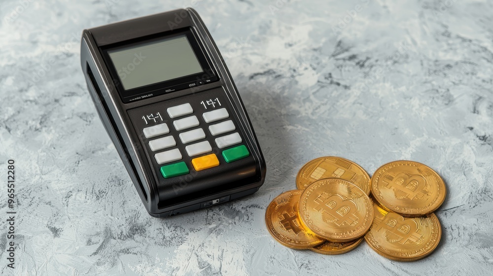 Poster modern credit card terminal with digital currency options, selective focus with copy space for text 