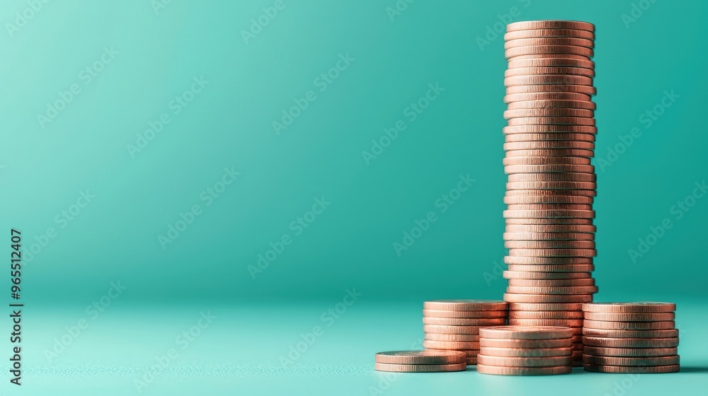 Poster financial growth concept - coin stack transforming into skyscraper | with copy space and selective f
