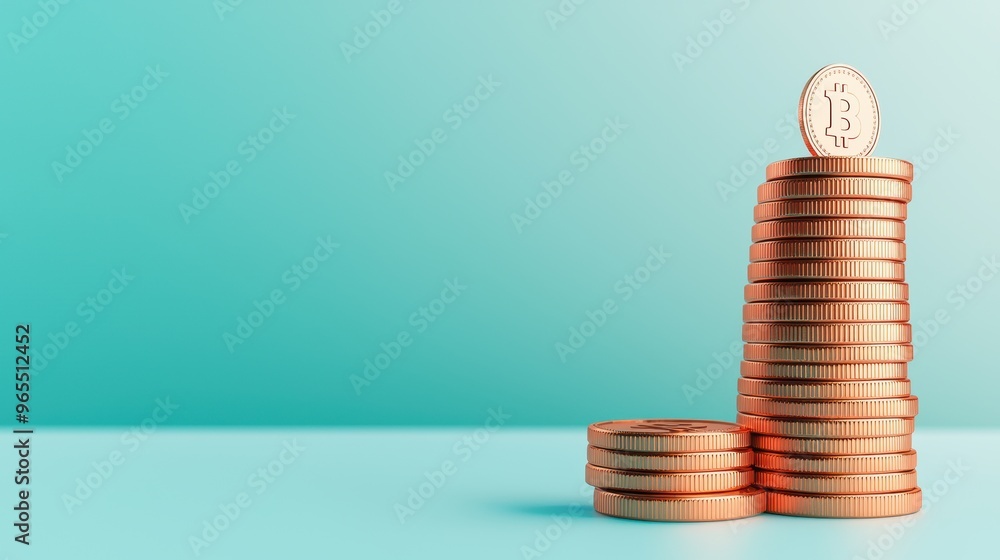 Poster building wealth: coin stack growing into skyscraper financial investment - with copy space and selec
