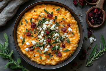 Pumpkin Goat Cheese Risotto with cranberries, pepitas and extra goat cheese