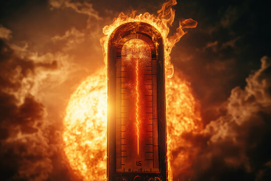Conceptual image of a thermometer burning in flames with the sun in the background, showing extremely high temperatures