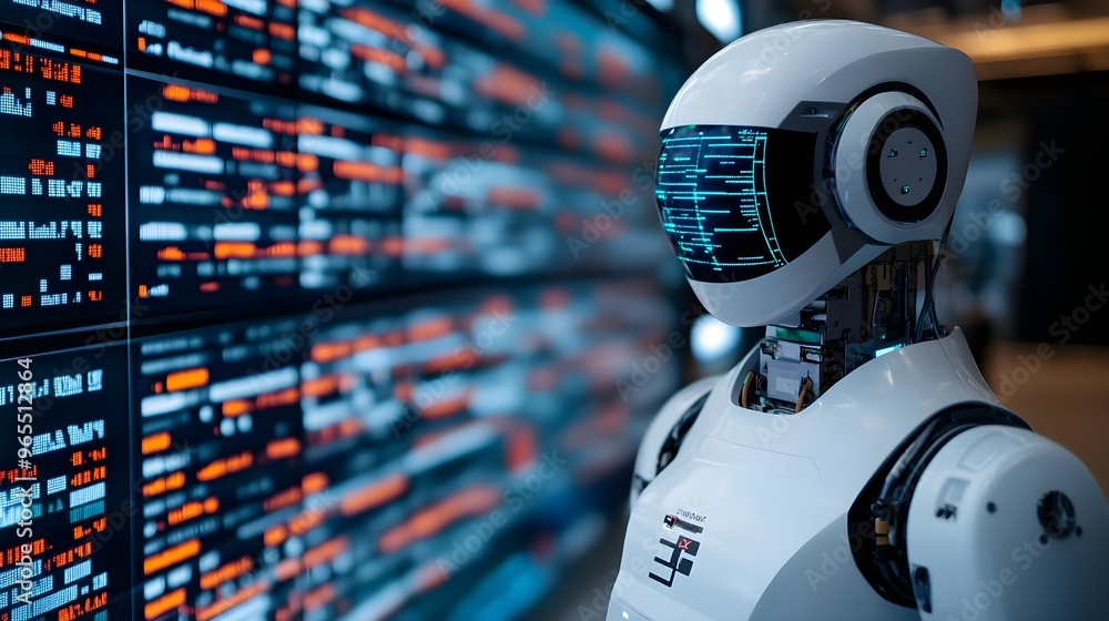 Poster futuristic ai robot with data screen - technology concept