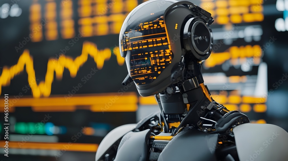 Poster futuristic ai robot with orange lights and data stream