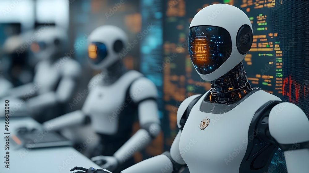 Poster futuristic ai robots working in tech office