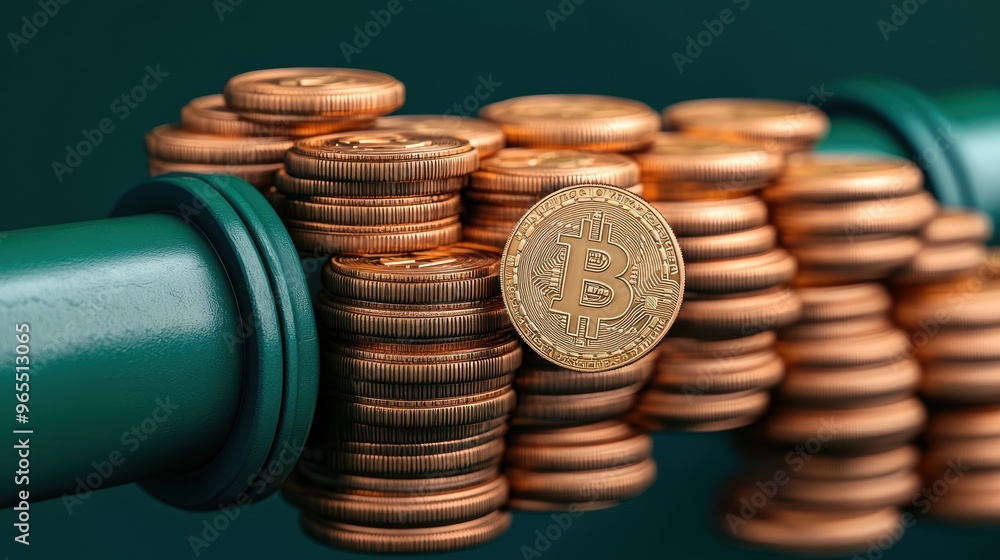 Poster digital currency flowing through pipeline - financial transfer concept in with copy space, selective