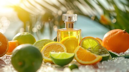 Perfume bottle with fresh citrus fruits, vibrant and zesty, sunny and lively setting