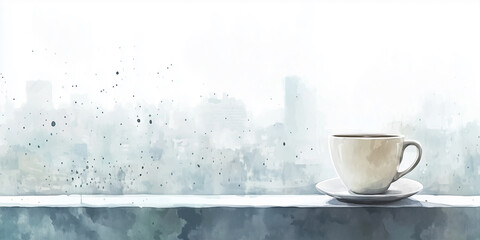 Steaming cup of coffee resting on a windowsill overlooking the city