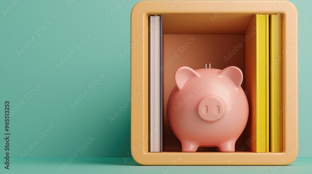 Poster digital vault secure savings concept with piggy bank and copy space, selective focus on foreground -
