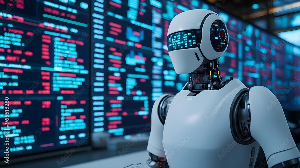 Poster futuristic robot ai analyzing data on screen