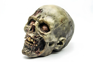 Human scary zombie head isolated on a white background.