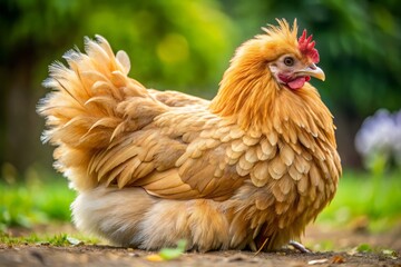 Fototapeta premium Brown and buff-colored Vorwerk chicken with a wattle above the beak, showing off its soft and fluffy plumage.