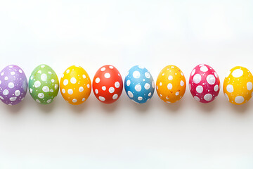 Fototapeta premium Colorful Easter eggs with polka dots arranged in a row on a white background.