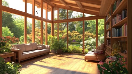 Obraz premium Sunlit living room with wooden floors and large windows overlooking a lush garden.
