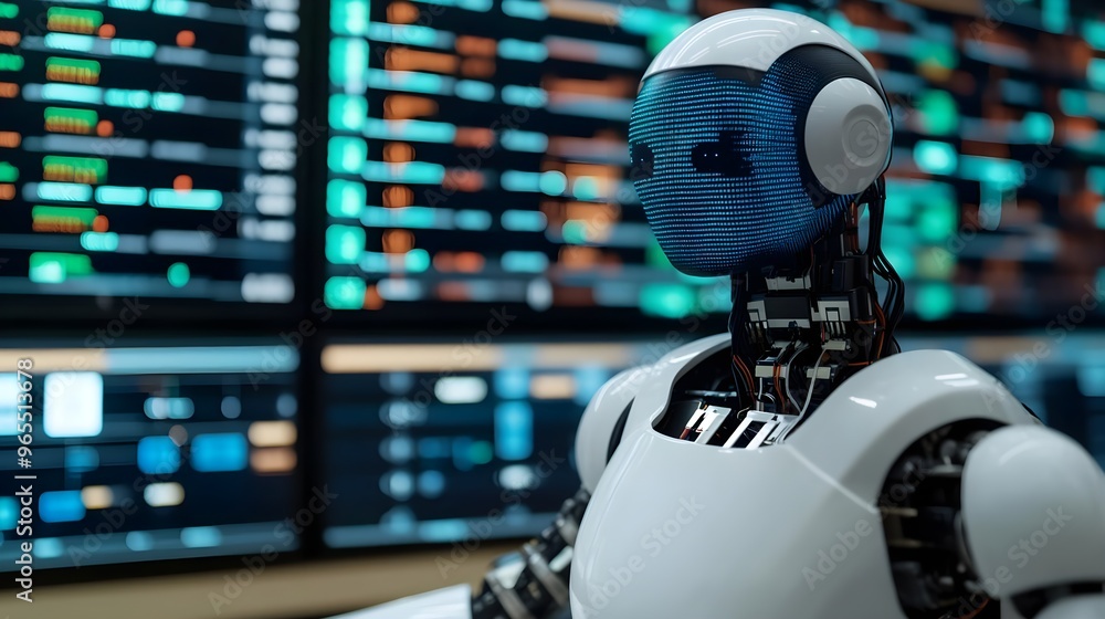 Poster futuristic robot ai monitoring data screens