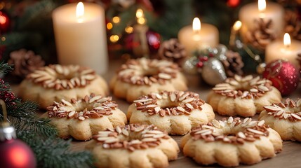 A festive display of buttery Dutch Kerstkransjes cookies, shaped like wreaths and topped with almonds, surrounded by traditional Christmas decorations like candles, garlands, and ornaments,