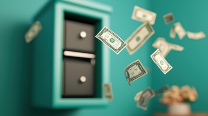 Fototapeta premium Secure Savings Concept with Banknotes Flying into Digital Safe, Selective Focus