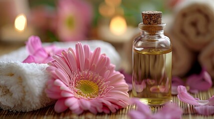 Relaxing spa scene featuring oils and fresh flowers