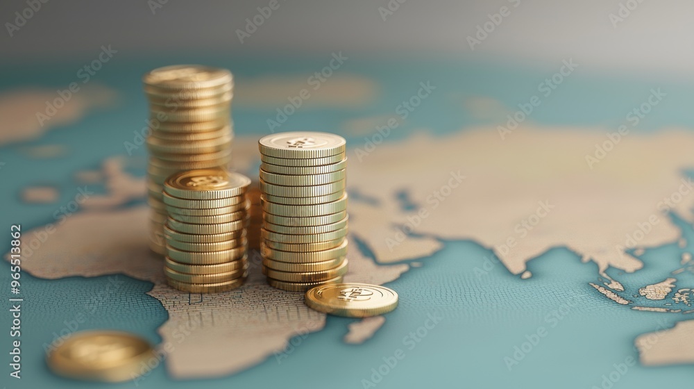 Poster global finance concept with digital map and currency exchange points in