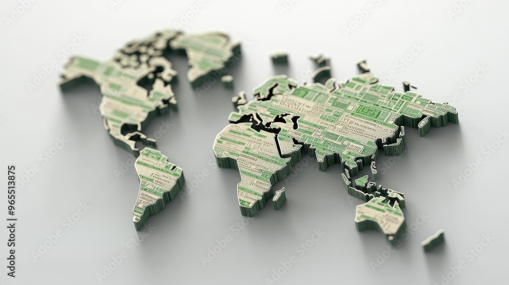Poster global finance: digital map with currency exchange points, with copy space.