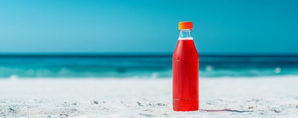 Red bottle on sandy beach against blue ocean horizon, summer refreshment concept