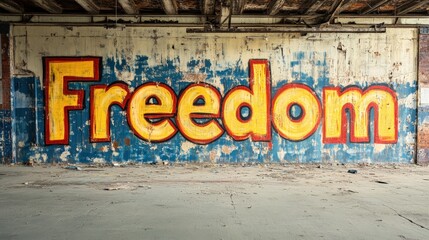 Naklejka premium A wall with the word freedom written on it. The wall is covered in graffiti and he is in a run down area