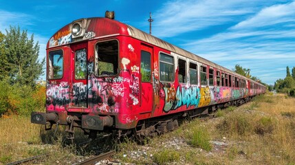 Obraz premium A train with graffiti on it is parked on the tracks. The graffiti is colorful and covers the entire train. The train appears to be old and abandoned