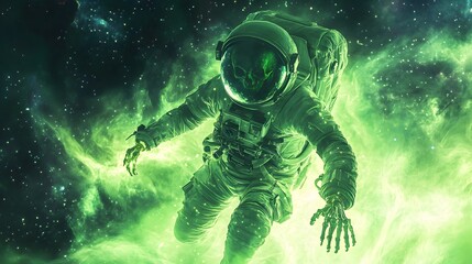 Fototapeta premium A skeleton astronaut exploring a ghostly nebula, glowing green bones illuminated by the nebula light, intricate details of the spacesuit with cracks and wear, distant stars in the background, eerie