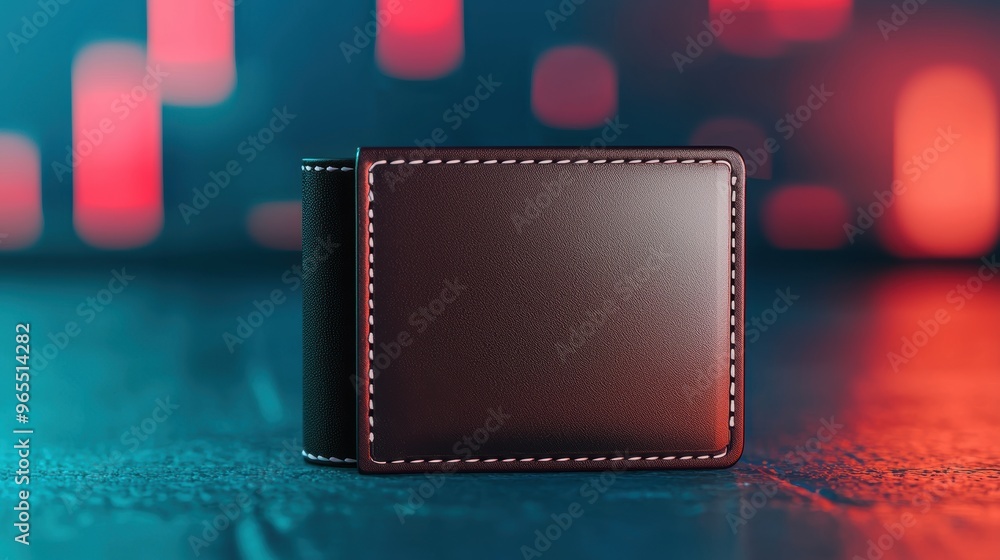 Poster futuristic wallet with holographic currency display in with copy space and selective focus on foregr