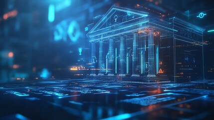 Futuristic digital financial system concept with holographic bank and blockchain technology in a virtual environment.